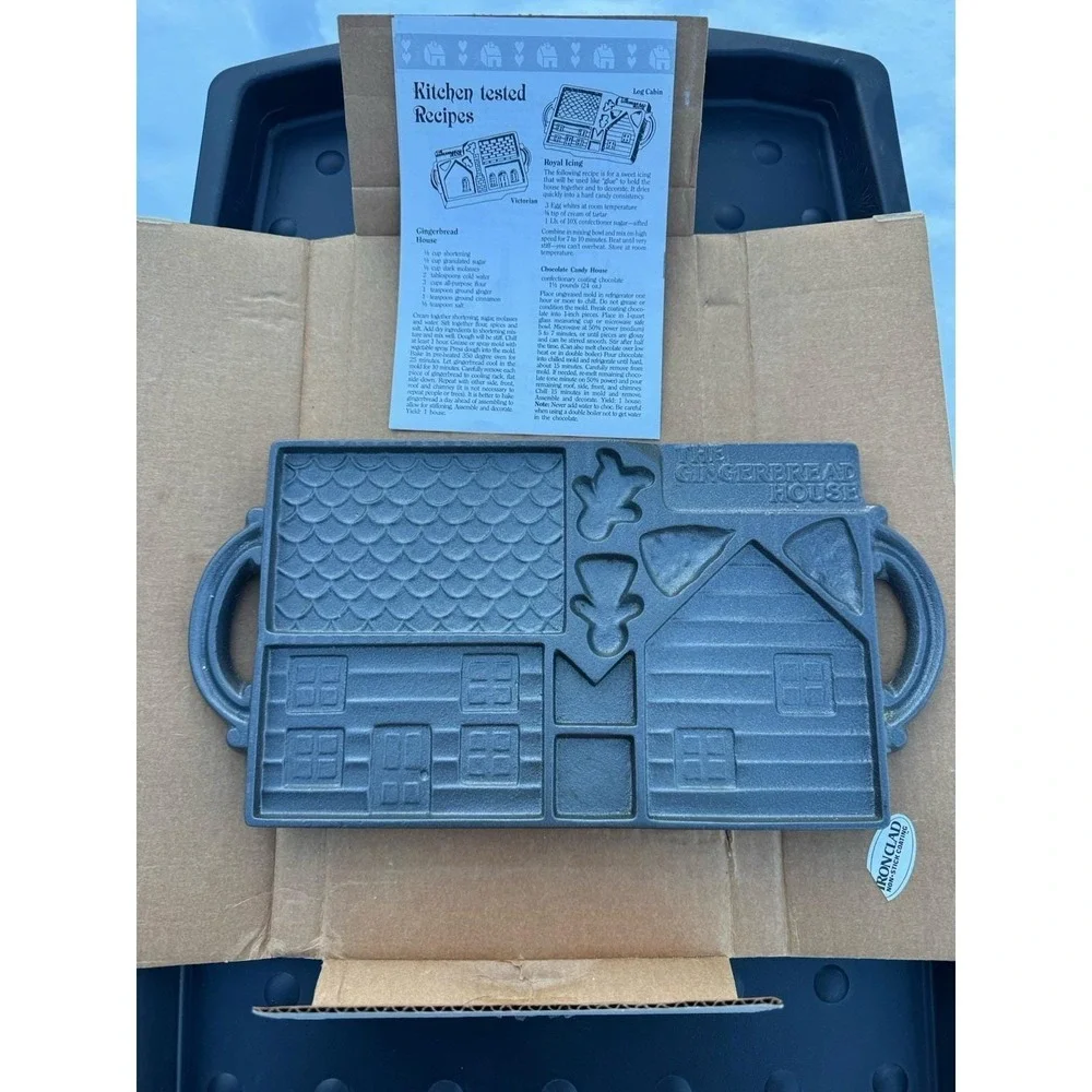 John Wright 1985 Double Sided Cast Iron Gingerbread House Baking Mold  NOS BOX